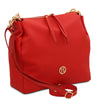 Angled And Shoulder Strap View Of The Red Soft Leather Bag