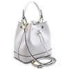 Angled And Shoulder Strap View Of The White Bucket Handbag