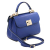 Angled And Shoulder Strap View Of The Blue Designer Handbag