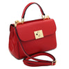 Angled And Shoulder Strap View Of The Lipstick Red Designer Handbag