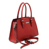 Angled And Shoulder Strap View Of The Lipstick Red Genuine Leather Handbag