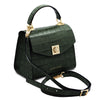 Angled And Shoulder Strap View Of The Forest Green Italian Handbag