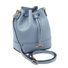 Angled And Shoulder Strap View Of The Light Blue Ladies Bucket Bag