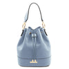 Front View Of The Light Blue Ladies Bucket Bag