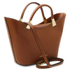 Angled And Shoulder Strap View Of The Cognac Ladies Leather Tote Handbag