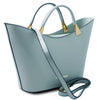 Angled And Shoulder Strap View Of The Light Blue Ladies Leather Tote Handbag