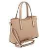 Angled and Shoulder Strap View Of The Light Taupe Ladies Small Leather Handbag