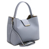 Angled And Shoulder Strap View Of The Light Blue Leather Handbag For Women