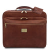 Front View Of The Brown Leather Pilot Case With Wheels