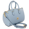 Angled And Shoulder Strap View Of The Light Blue Leather Tote Bag