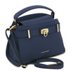 Angled And Shoulder Strap View Of The Dark Blue Leather Tote