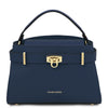 Front View Of The Dark Blue Leather Tote