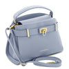 Angled And Shoulder Strap View Of The Light Blue Leather Tote