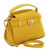 Angled And Shoulder Strap View Of The Yellow Leather Tote