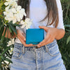 Woman Posing With The Turquoise Leather Wallet With Coin Pocket