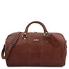 Front View Of The Brown Leather Duffle Bag Large