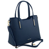 Angled And Shoulder Strap View Of The Dark Blue Genuine Leather Tote Handbag