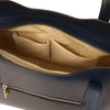 Internal Pocket View Of The Dark Blue Genuine Leather Tote Handbag