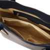 Internal Zip Pocket View Of The Dark Blue Genuine Leather Tote Handbag