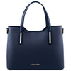 Front View Of The Dark Blue Genuine Leather Tote Handbag