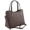 Angled And Shoulder Strap View Of The Dark Taupe Genuine Leather Tote Handbag