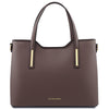 Front View Of The Dark Taupe Genuine Leather Tote Handbag