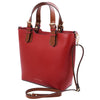 Angled And Shoulder Strap View Of The Lipstick Red Two Tone Leather Handbag