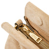 Close of Zip Closure View Of The Beige Suede Shoulder Bag