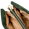 Closeup of Zip Closure View Of The Forest Green Suede Shoulder Bag