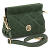 Angled And Shoulder Strap View Of The Forest Green Suede Shoulder Bag