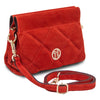 Angled And Shoulder Strap View Of The Red Suede Shoulder Bag