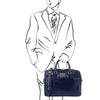 Man Posing With The Dark Blue Leather Business Laptop Bag