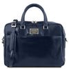 Front View Of The Dark Blue Leather Business Laptop Bag