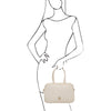 Woman Posing With The Beige Womens Leather Tote