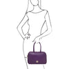 View Of A Women Posing With The Purple Womens Leather Tote